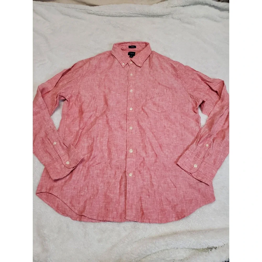 J. Crew Red Linen Blend Button Dress Shirt Slim Fit Men Large Casual Classic